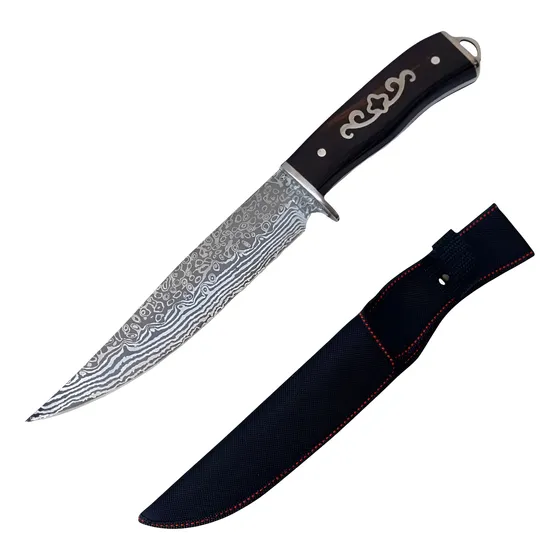 Cuchillo Símil Damasco Táctico Caza Pesca Funda Asador 31 Cm Marrón Oscuro