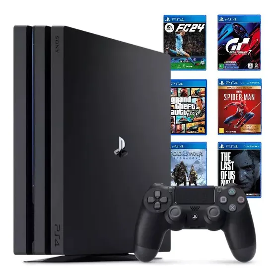 Playstation 4 Pro 1tb Ps4 Pro 1 Controle + 2 Jogos + 1 Quadro Decorativo Preto (Recondicionado)