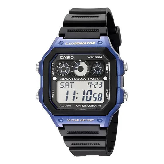 Reloj pulsera digital Casio AE-1300WH-2A con correa de resina color negro - bisel azul/negro