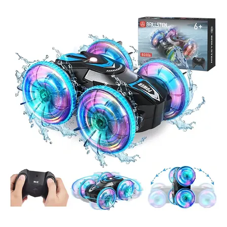 Carrinho De Controle Remoto Anfíbio 2,4 GHz 4WD Giros de 360° Recarregável luzes LED Alta Velocidade 20km/h Com Bateria Preto