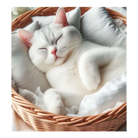 Vinilo 30x30cm Gata Blanca Durmiendo En Canasta Mimbre
