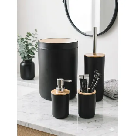Kit Banheiro Bambu Completo Lixeira Porta Escova Sabonete Preto