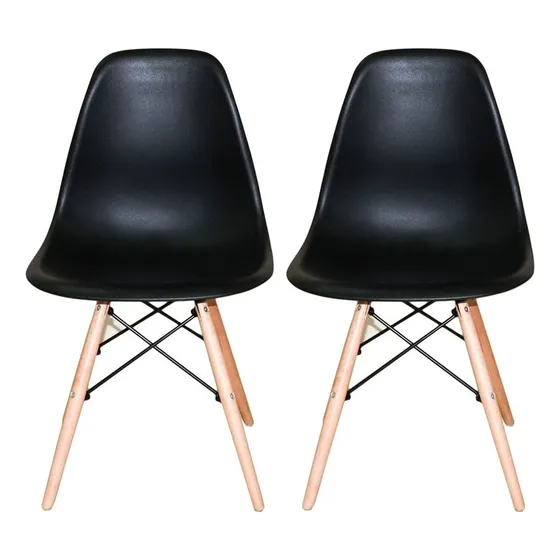 Conjunto 2 Cadeiras Eames Pp Preto Base Madeira