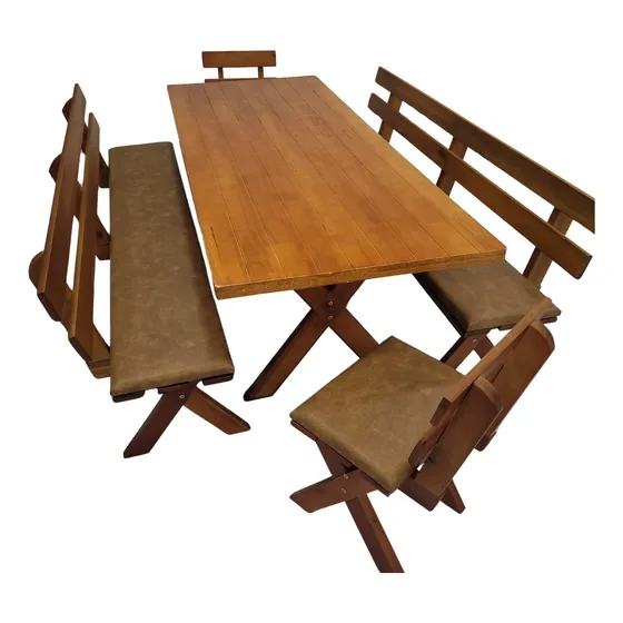 Kit Mesa De Madeira Maciça Rústica + 4 Bancos Estofados