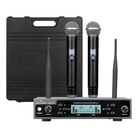 Sistema de Micrófono Gochanmi Ug210 Inalámbrico 2 Canales Mano Profesional Dinámico UHF Frecuencias Ajustables Micrófono para Cantar Karaoke Aula Distancia de Uso 100M
