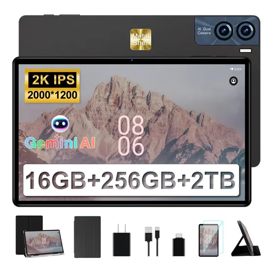 Tableta 11 Pulgadas 2k Pantalla 2000x1200 Android Tablet 16gb Ram 256gb Rom, Wifi 5g+2.4g, 8600mah, Octa-core Bluetooth 5.0, Gps, Gemini Ai, Cuerpo De Metal Con Funda- Gris