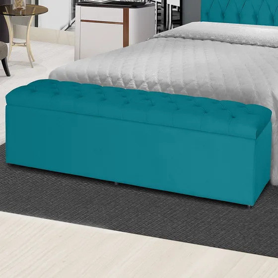 Baú Jade 158cm Calçadeira Estofada Suede Azul Turquesa