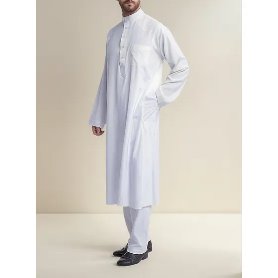 Los Hombres De Color Sólido Mangas Largas Thobe Árabe Muslim