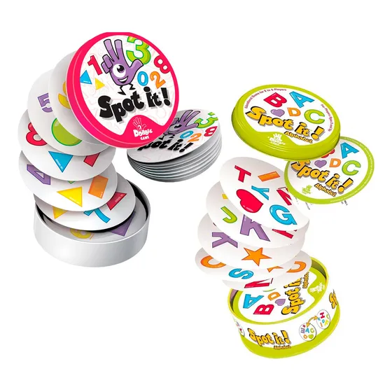 2 Juegos Cartas Spot It Mesa Pilo Aguilidad Mental 123 Y Abc