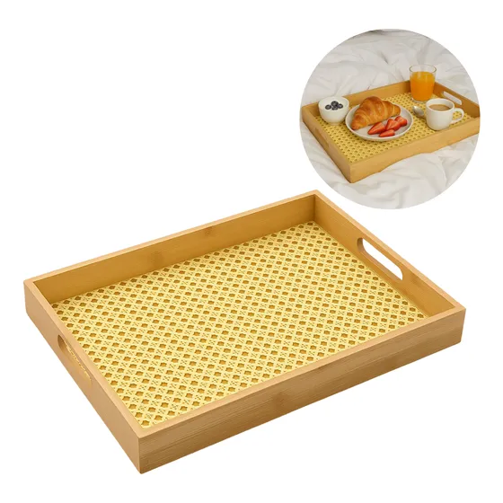 Bandeja Café Retangular 48cm Decorativa Bambu E Palha Grande
