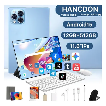 Tablet Android 15 Hancdon Tab Kit Completo RAM 12GB 512GB 11.6'' Hd Tela Apoia Wi-Fi 2,4/4G/5G Dual SIM Bateria 8800mah Com Caneta+teclado E Mouse Profissional Estudo Trabalho Jogos 2 Em 1 Tablets Pc