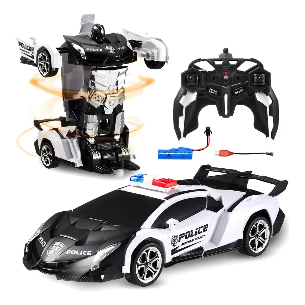 Carrinho Robô Transformer Controle Remoto 4WD 2,4 Ghz 1:18 Recarregável Com Rotação De 360 Graus Com Luzes Led Branco