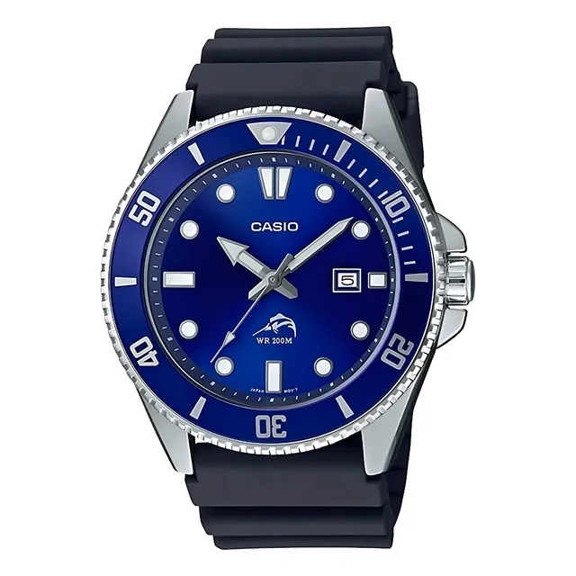Reloj pulsera Casio MDV-106 MDV-106B-2AV con correa de resina color negro fondo azul bisel azul/blanco