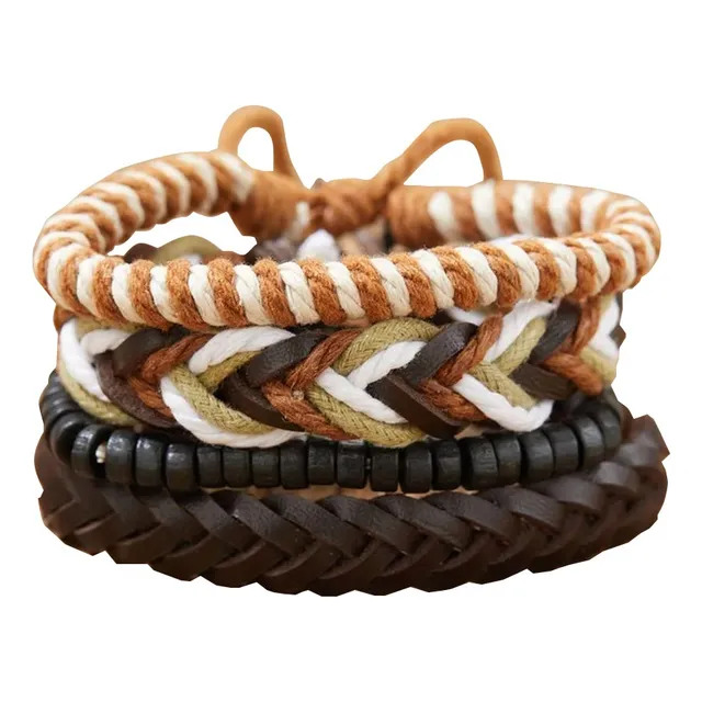 4 Pulseras De Cuero Hilo Tejido Semillas - H003