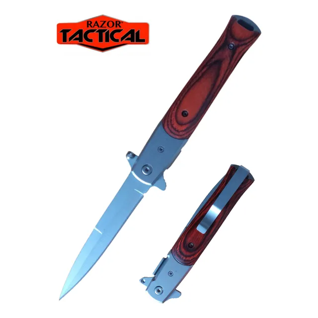 Navaja Táctica Tipo Stiletto Acero Cacha Madera Nueva