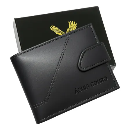 Carteira Masculina Couro Legítimo 100% Slim Porta Cartões Cnh Moedas Com Fecho Águia Preto Liso