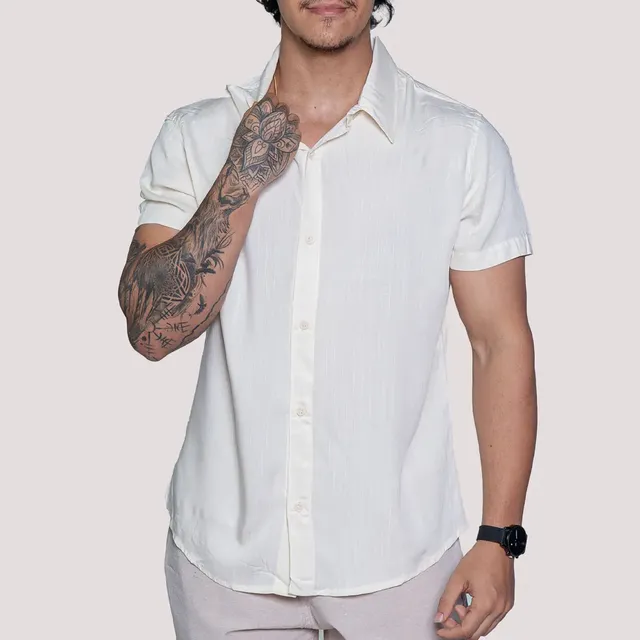 Camisa De Linho Masculina Manga Curta Para Verão Moda Praia