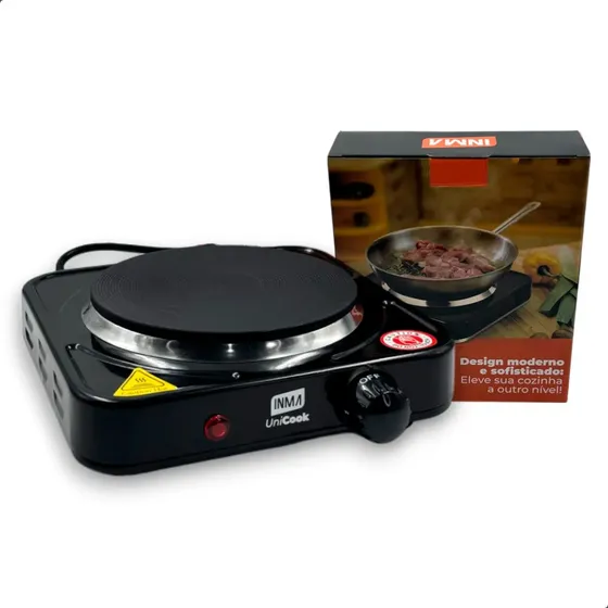 Fogão Cooktop Elétrica Fogareiro Portátil 1000w 1 Boca Mesa Inma Viagem Camping Queimadores Acampamento Trava Segurança Níveis Temperatura Regulável Automático Acendedor Aço Inox Panela Preto 220v