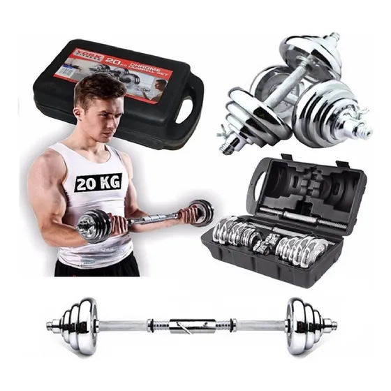 Set De Pesas 20kg + Adaptador Para Barra Recta +2 Mancuernas Color Cromado