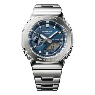 Reloj Casio G-shock Gm-2110d-2bcr Correa Plateado Bisel Plateado Fondo Azul