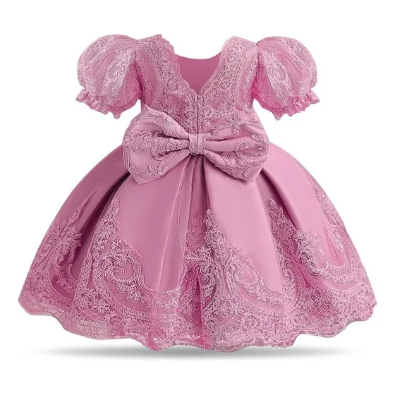 Vestido De Fiesta De Bautizo Con Encaje Y Moño Para Beba