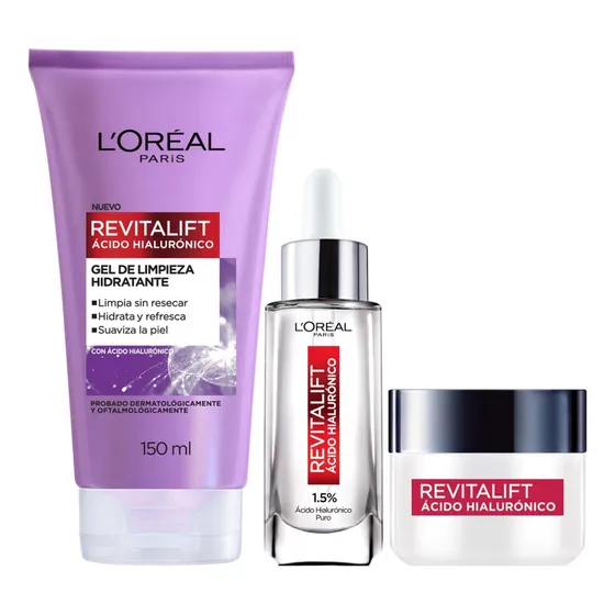 Kit L'Oréal Paris Revitalift Ácido Hialurónico: Sérum rellenador facial Crema día Gel limpiador 3 piezas Hidrata intensamente y rellena líneas de expresión aprobado por dermatólogos skin care