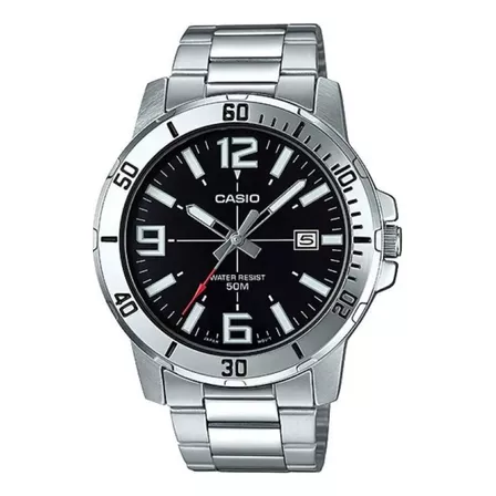 Reloj pulsera Casio Dress MTP-VD01 de cuerpo color plateado, analógico, para hombre, fondo negro, con correa de acero inoxidable color plateado, agujas color gris, blanco y rojo, dial blanco y platead