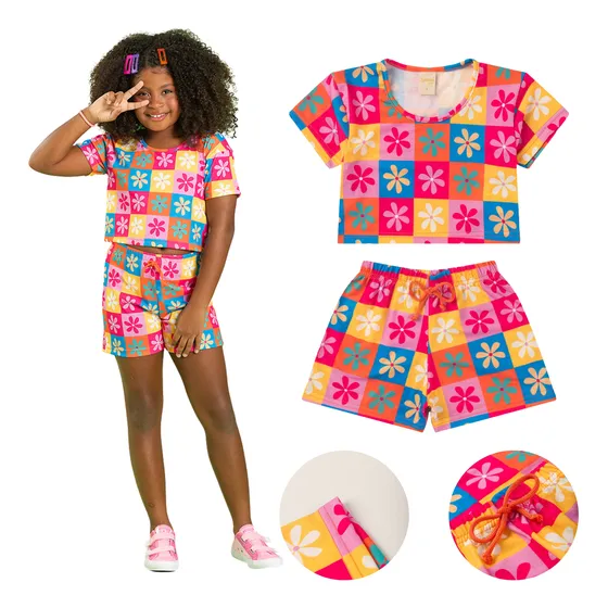 Conjunto Verão Menina Infantil Laranja Cropped E Shorts