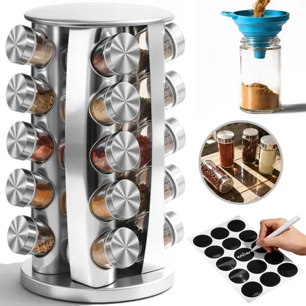 Especiero Giratorio, 20 Tarros Vidrio Organizador De Especias Y Condimentos Plateado
