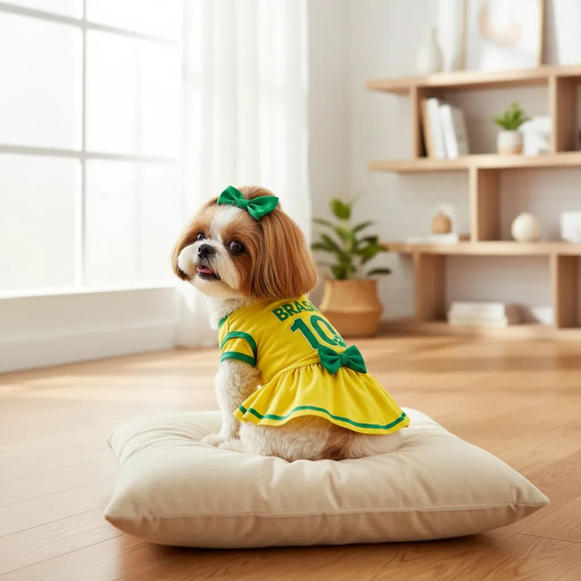 Roupa Pet Seleção Brasil Copa Vestido Laço - Gatos/cachorros Amarelo P Roupa Pet Seleção Brasil Copa Vestido Laço - Gatos/cachorros Amarelo P