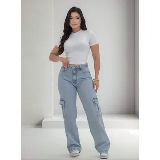 Calça Jeans Feminina Wide Cargo Bolso Lateral 100% Algodão Calça Jeans Feminina Wide Cargo Bolso Lateral 100% Algodão