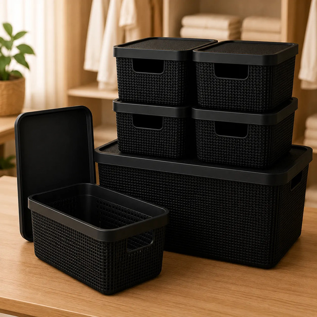 Kit 6 Caixas Organizadoras Cesto Tampa Multiuso 2l 6l 16l Preto
