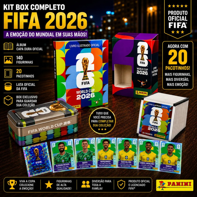 Box Álbum Capa Dura + 140 Figurinha + Lata Oficial Copa 2026 Box Álbum Capa Dura + 140 Figurinha + Lata Oficial Copa 2026
