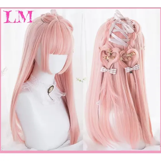 Peluca Rosada Cosplay Larga Con Flequillo