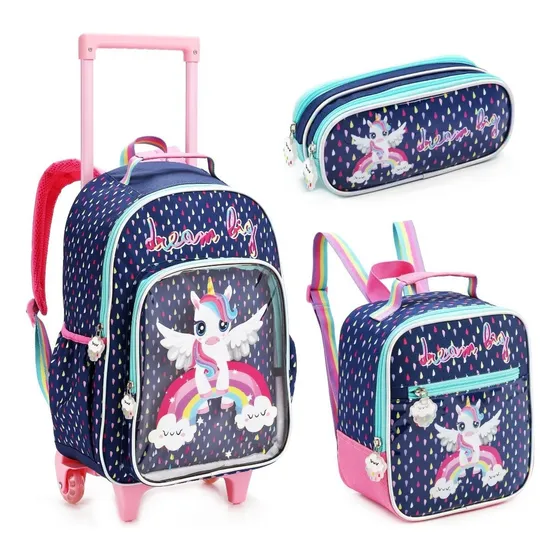 Mochila Escolar Com Rodinhas Unicórnio Sereia Feminina Cor Azul