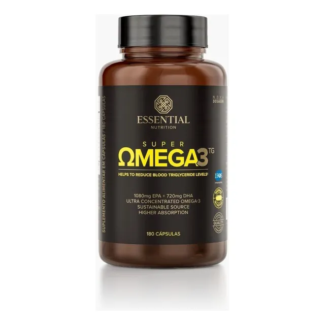 Suplemento em cápsula Essential Nutrition Premium Super Omega 3 TG em pote de 180 unidades