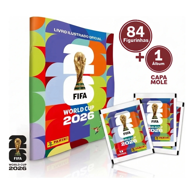 Álbum de figurinhas da Copa do Mundo 2026 da Panini com 12 envelopes de figurinhas espalhados ao lado, exibindo o troféu da FIFA na capa.