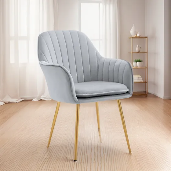Silla Con Apoyabrazos Elegante Terciopelo Murano Gold Estructura de la silla Dorado Asiento Gris Diseño de la tela Líneas