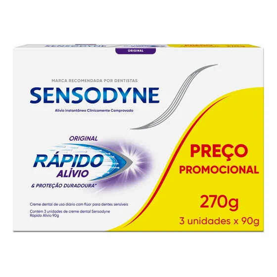 Creme Dental Rápido Alívio Sensodyne, Proteção Duradoura para Dentes e Gengivais Sensíveis, Leve 3 unidades e Pague 2, 90g cada