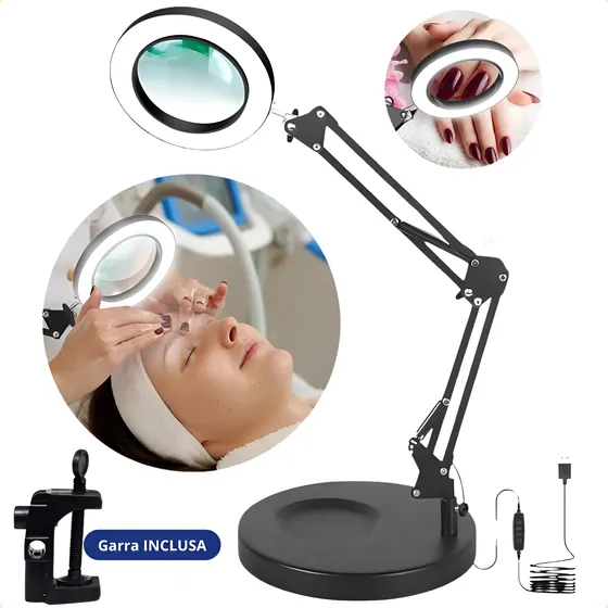 Lupa 8x Bancada Com Garra Led Ring Light Leitura Estética