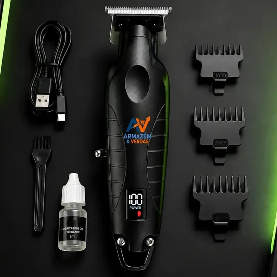 Máquina Profissional Acabamento Cortar Cabelo Barba Barbeador Aparador Corte Recarregável Visor de Led Digital Preto Sem Fio Bivolt Maquina Km Máquininha Usb Barbeiro 3 Pentes 5w