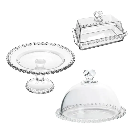 Kit Queijeira Manteigueira E Suporte De Bolo Cristal Coração