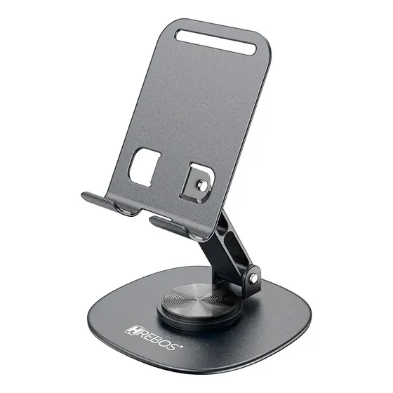 Suporte de Mesa Hrebos para Celular e Tablet Giro 360 Alumínio Prateado