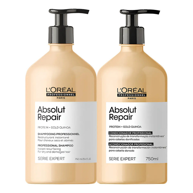 Kit L'Oréal Professionnel Absolut Repair contendo um frasco de shampoo e um de condicionador de 750ml com embalagem bege e tampa pump preta
