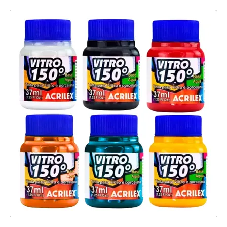 Kit 6 Cores Tinta Vitro 150 Vidro E Porcelana Acrilex 37ml Sortido