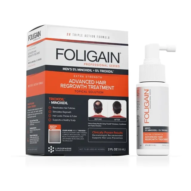 Foligain 5% Minoxidil + 5% Trioxidil Para Hombres 59 Ml - 2 oz - Tratamiento avanzado para el crecimiento del cabello clínicamente probado para ayudar a que el cabello vuelva a crecer.