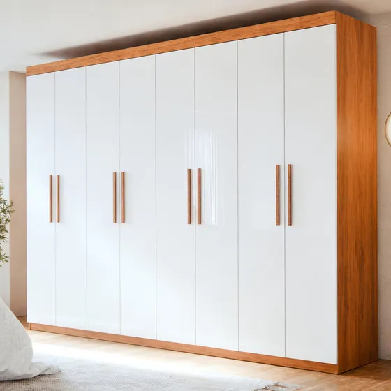 Guarda Roupa Esmeralda 8 Portas De Casal Para Quarto Grande Com Cabideiro E Gavetas Cor Cinamomo Branco Maxi Do Brasil
