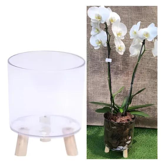 Vaso Cachepot Acrílico Decorativo Pés Em Madeira Tipo Tripé