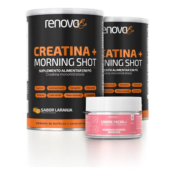 2 Potes Creatina + Morning Shot Creme Resveratrol Renova Be Sabor Laranja