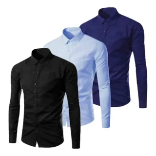 Kit 3 Camisa Social Masculina Slim Manga Longa Uniforme Kit 3 Camisa Social Masculina Slim Manga Longa Uniforme